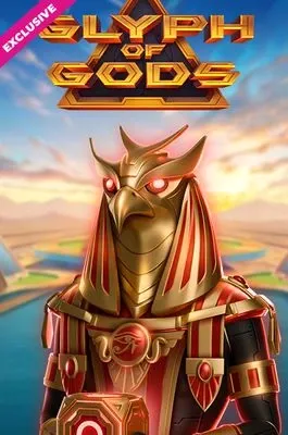 Image "Glyph of Gods" – Slot de jeu "Glyph of Gods" avec un ancien dieu égyptien portant un casque orné de symboles mystiques, avec des montagnes et un paysage en arrière-plan