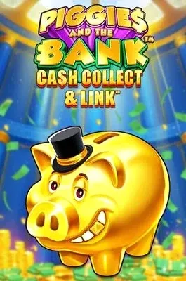 Image "Piggies and the Bank" – Slot de jeu "Piggies and the Bank" avec un cochon rose et une banque remplie de pièces d'or, mettant en scène une aventure de richesse