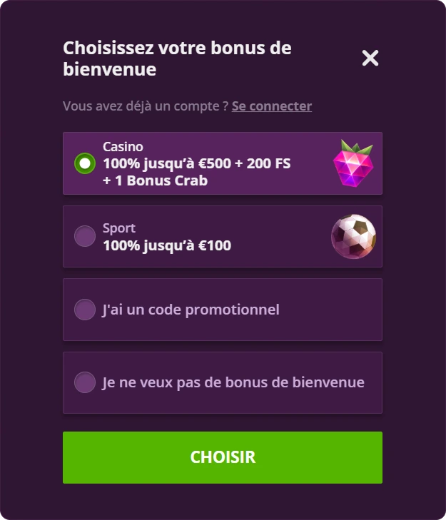 Image "Bonus de bienvenue" avec fruits et cadeaux – Image promotionnelle de bonus de bienvenue à 100%, avec des fruits stylisés et des cadeaux à offrir, avec une offre de 500€ et 200 tours gratuits