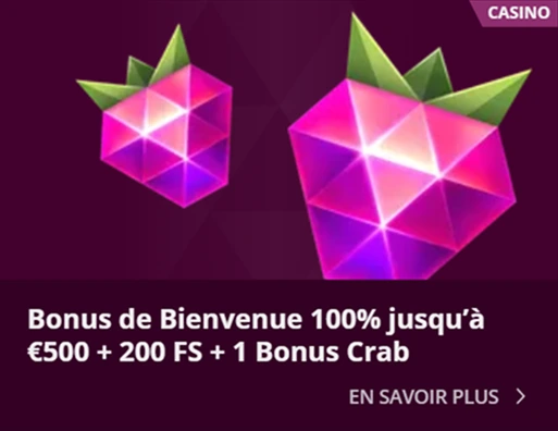 Image "Bonus de Bienvenue 100% jusqu’à €500" – Promotion du bonus de bienvenue à 100%, offrant jusqu'à 500€ et 200 tours gratuits + un bonus Crab exclusif, représenté par des fruits stylisés.