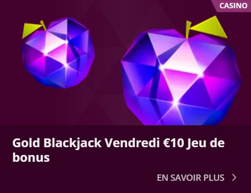 Image "Gold Blackjack Vendredi €10 Jeu de bonus" – Promotion pour un jeu de blackjack avec un bonus de 10€ chaque vendredi, présenté avec des formes géométriques dorées