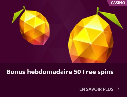 Image "Bonus hebdomadaire 50 Free spins" – Promotion pour un bonus hebdomadaire de 50 tours gratuits, avec des fruits stylisés en arrière-plan