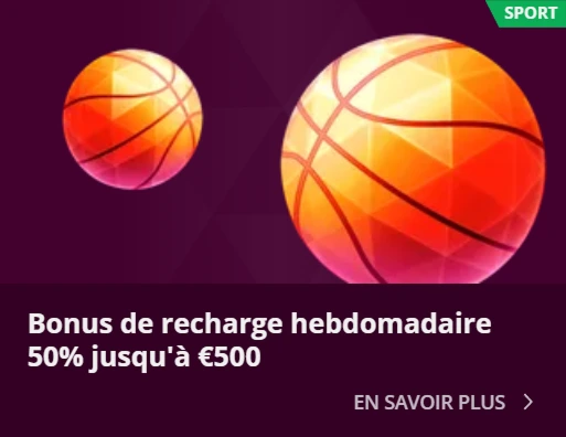 Image "Bonus de recharge hebdomadaire 50% jusqu’à €500" – Offre de recharge hebdomadaire avec un bonus de 50% jusqu’à 500€, illustrée par un ballon de basket